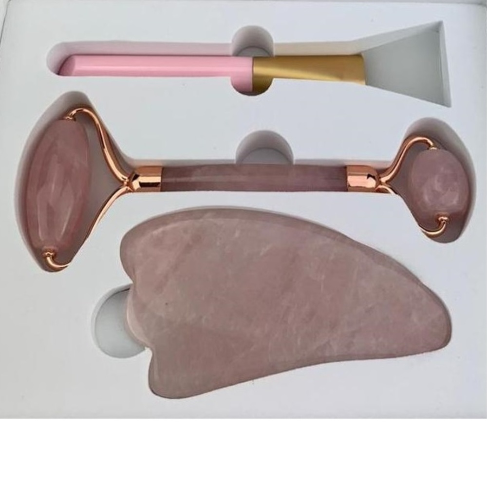 ROSE QUARTZ FACIAL ROLLER, GUA SHA BOARD + BRUSH